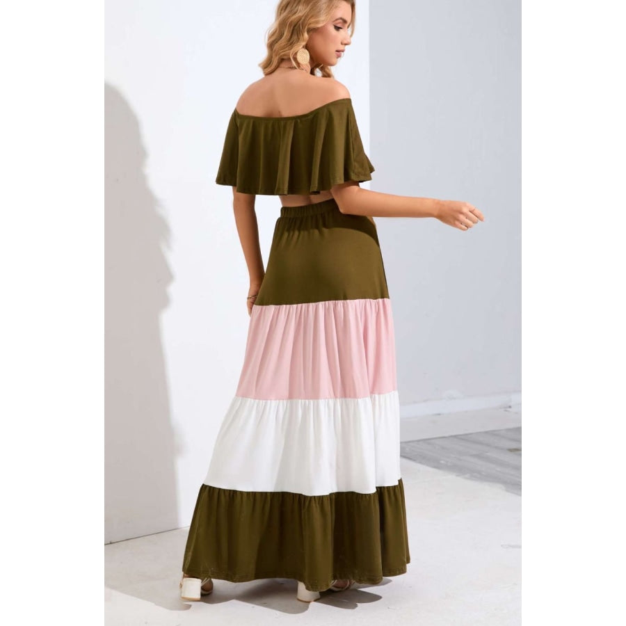 Off-Shoulder Crop Top and Color Block Tiered Skirt Set Olive Brown / XS