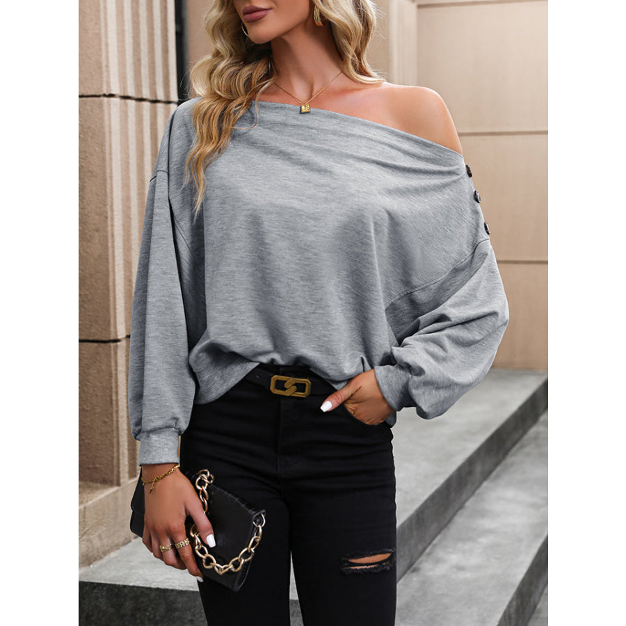 Off Shoulder Long Sleeve Buttoned Blouse Cloudy Blue / S
