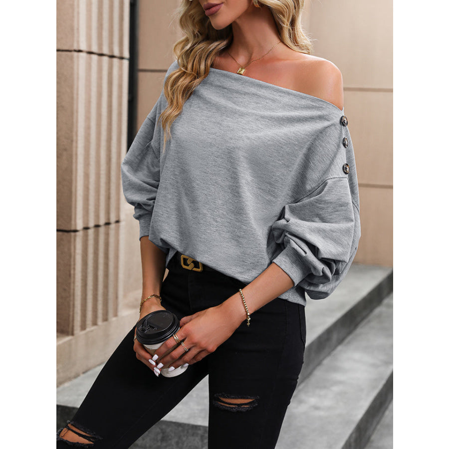 Off Shoulder Long Sleeve Buttoned Blouse