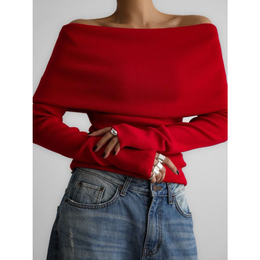Off-Shoulder Long Sleeve Knit Top Red / S Apparel and Accessories