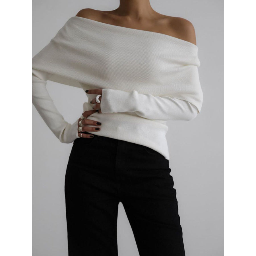 Off-Shoulder Long Sleeve Knit Top White / S Apparel and Accessories