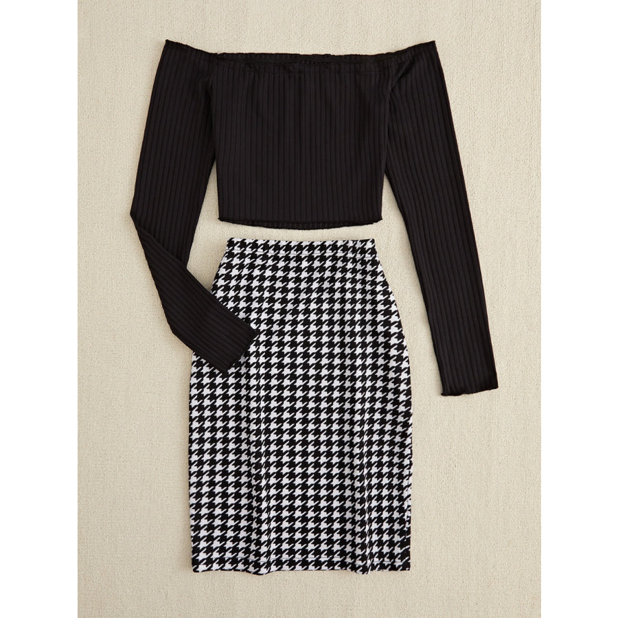 Off-Shoulder Long Sleeve Top and Houndstooth Skirt Set Apparel and Accessories