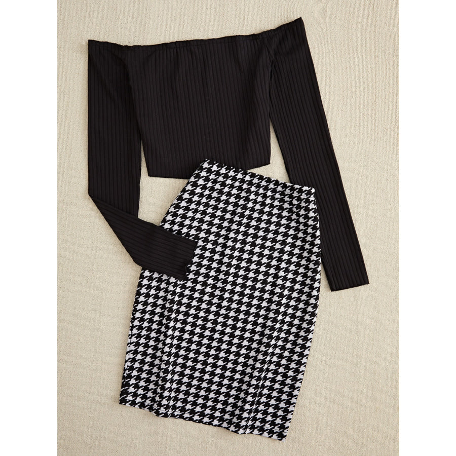 Off-Shoulder Long Sleeve Top and Houndstooth Skirt Set Apparel and Accessories