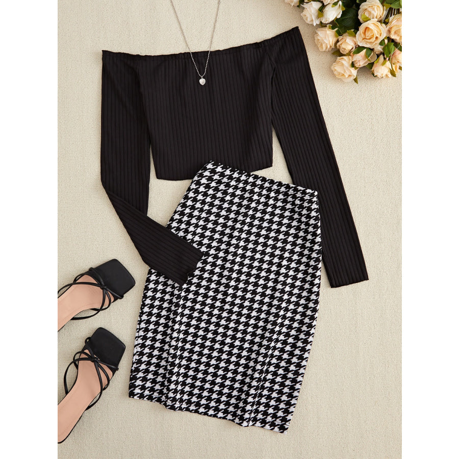 Off-Shoulder Long Sleeve Top and Houndstooth Skirt Set Black / S Apparel and Accessories