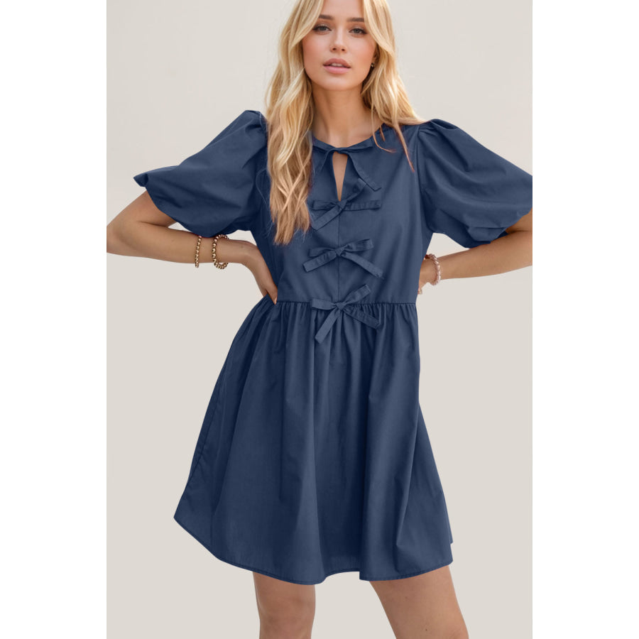 Oh Bow Ruched Puff Sleeve Mini Dress Apparel and Accessories