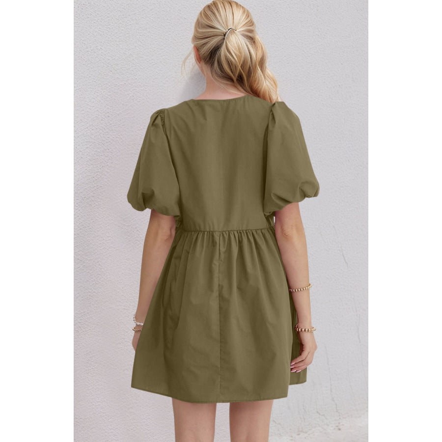 Oh Bow Ruched Puff Sleeve Mini Dress Apparel and Accessories
