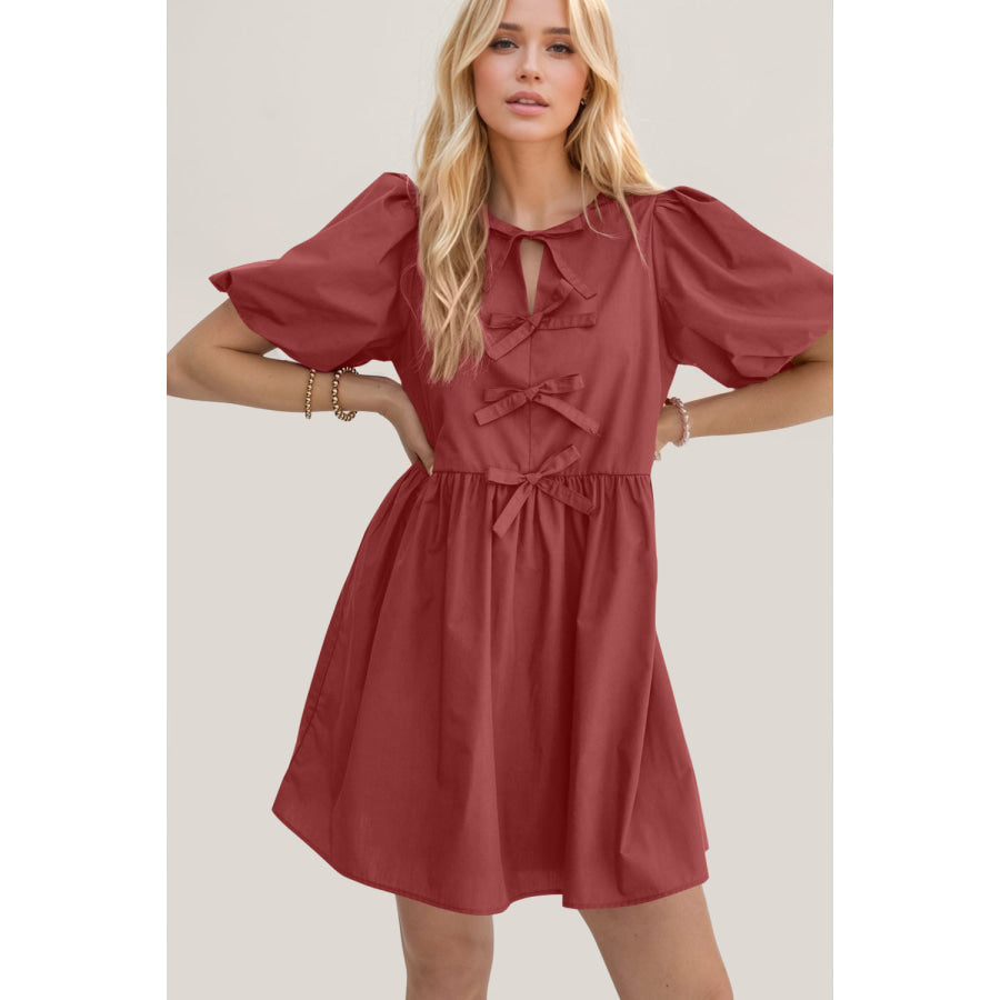 Oh Bow Ruched Puff Sleeve Mini Dress Apparel and Accessories
