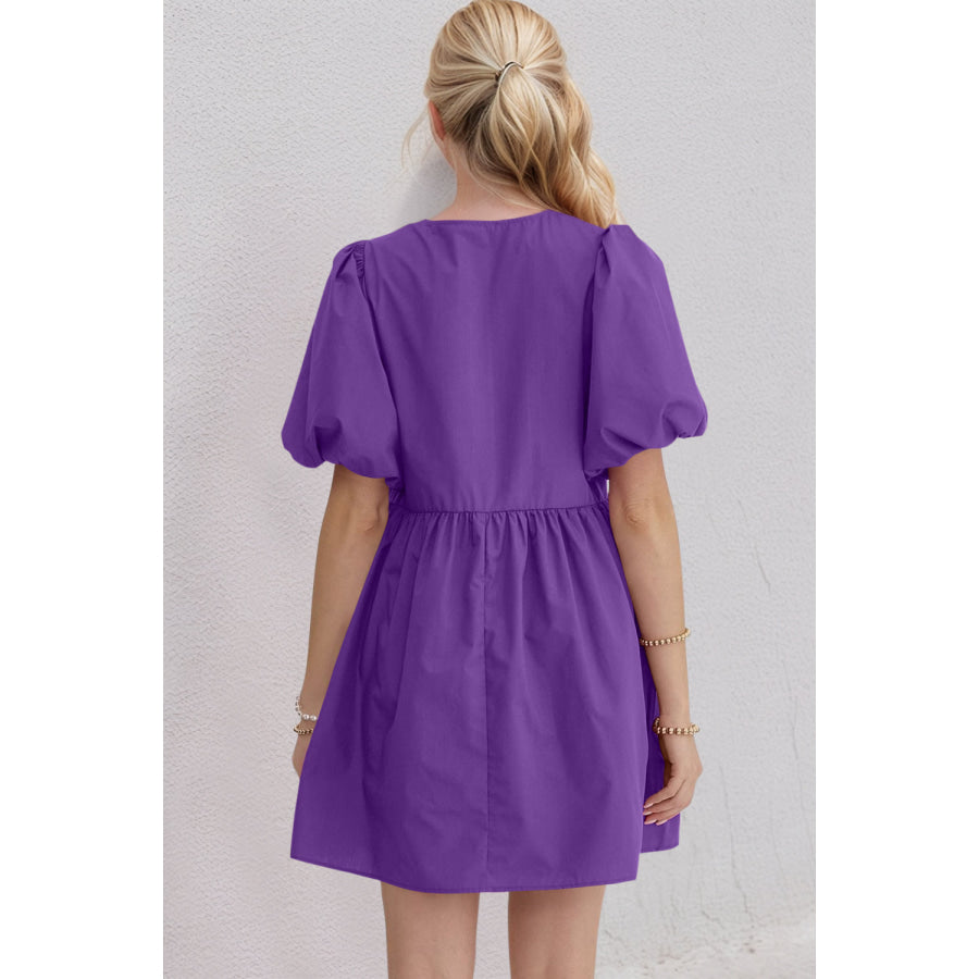 Oh Bow Ruched Puff Sleeve Mini Dress Apparel and Accessories