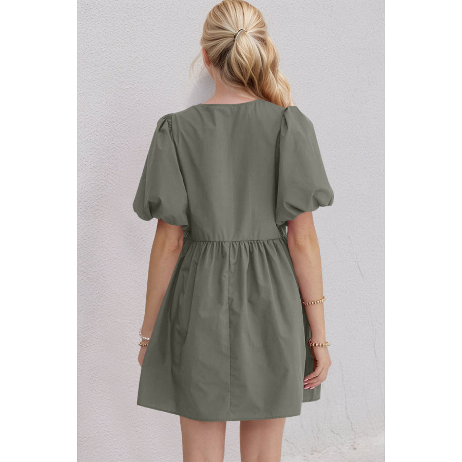 Oh Bow Ruched Puff Sleeve Mini Dress Apparel and Accessories