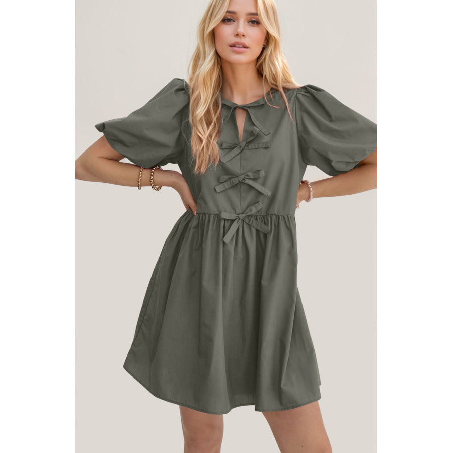 Oh Bow Ruched Puff Sleeve Mini Dress Apparel and Accessories