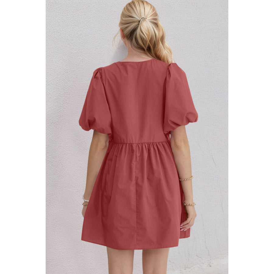 Oh Bow Ruched Puff Sleeve Mini Dress Apparel and Accessories