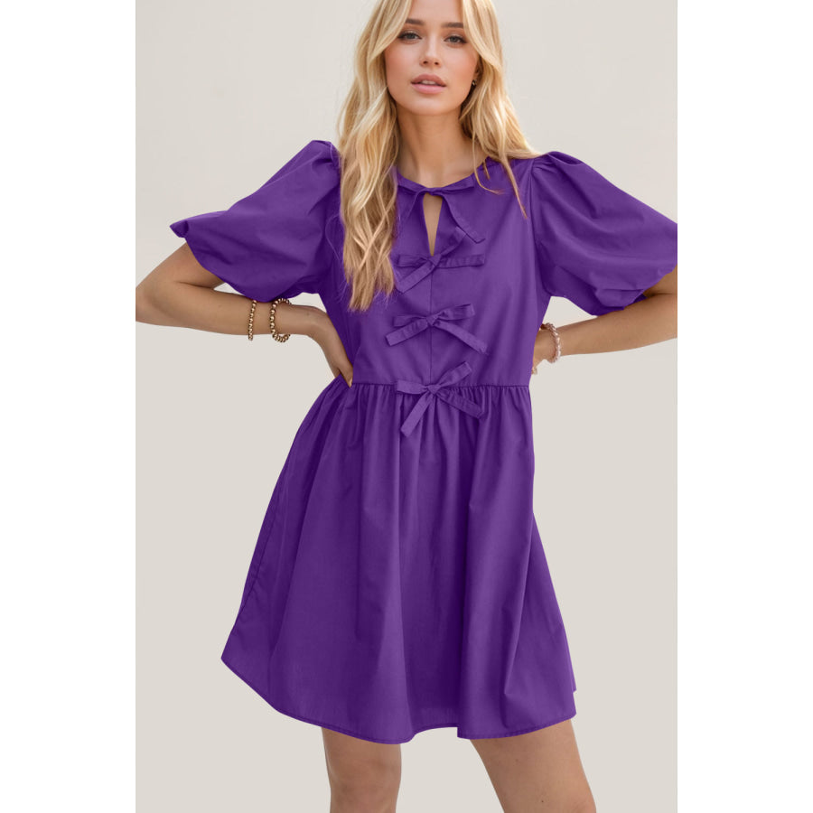 Oh Bow Ruched Puff Sleeve Mini Dress Apparel and Accessories