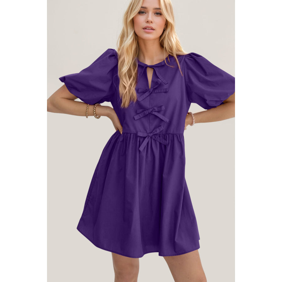 Oh Bow Ruched Puff Sleeve Mini Dress Apparel and Accessories