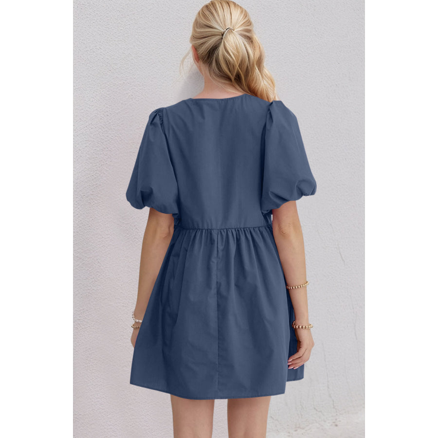 Oh Bow Ruched Puff Sleeve Mini Dress Apparel and Accessories