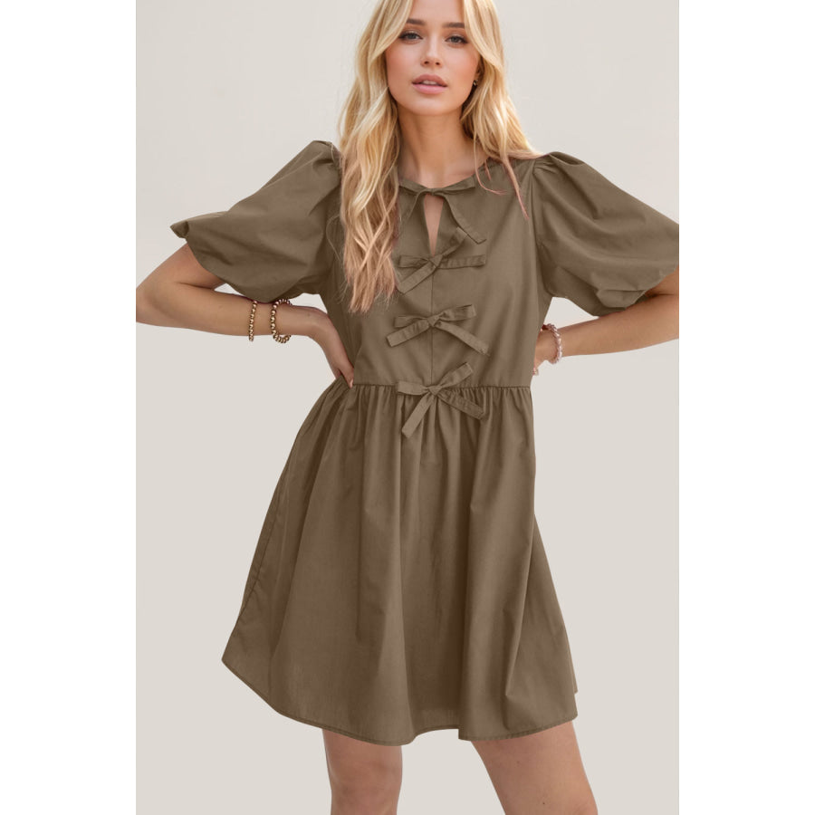 Oh Bow Ruched Puff Sleeve Mini Dress Apparel and Accessories