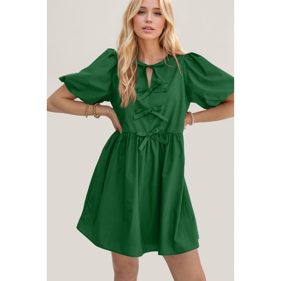 Oh Bow Ruched Puff Sleeve Mini Dress Apparel and Accessories