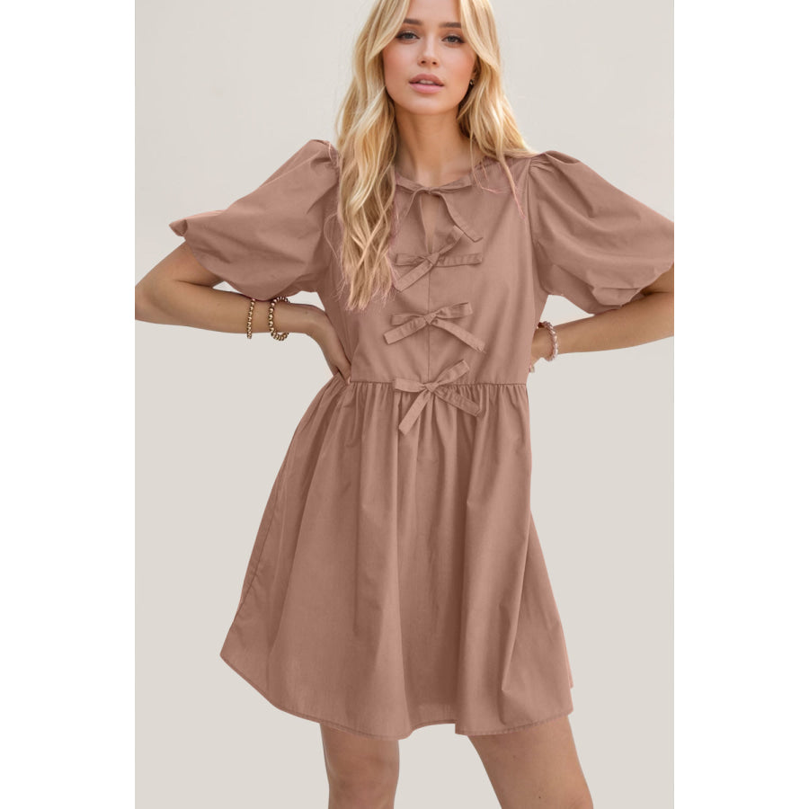 Oh Bow Ruched Puff Sleeve Mini Dress Apparel and Accessories