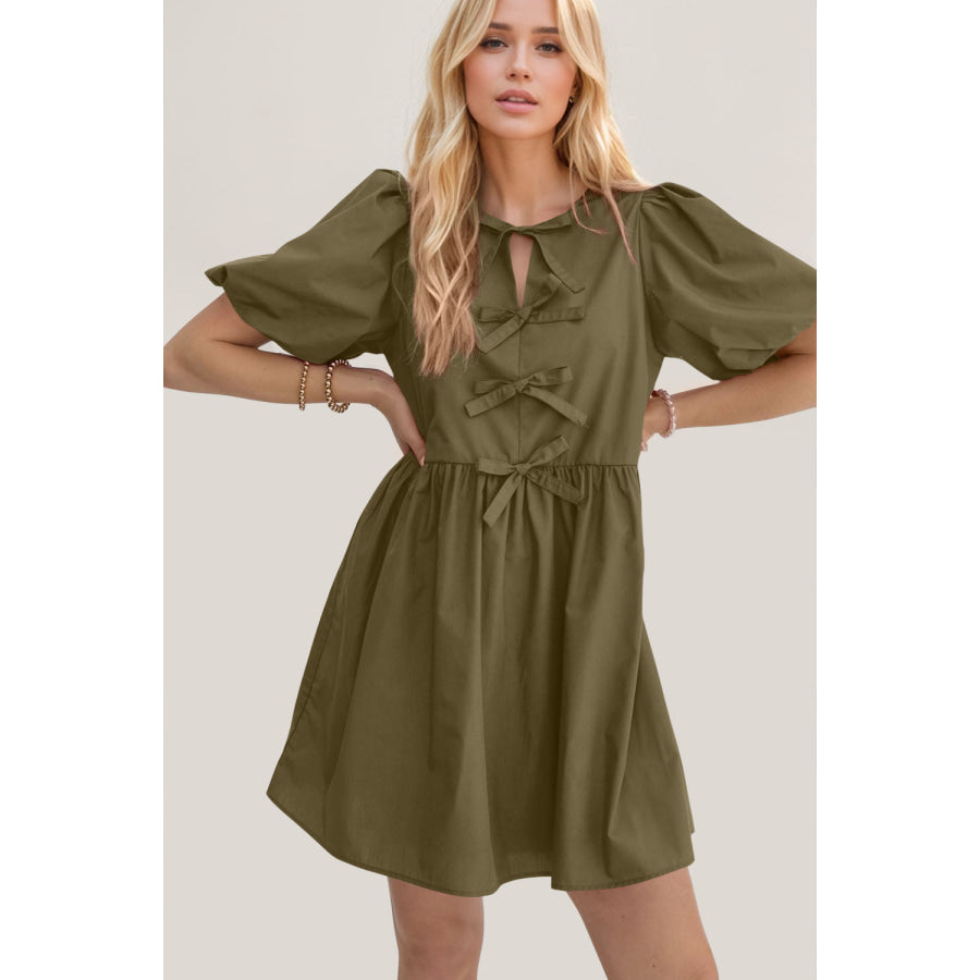Oh Bow Ruched Puff Sleeve Mini Dress Apparel and Accessories