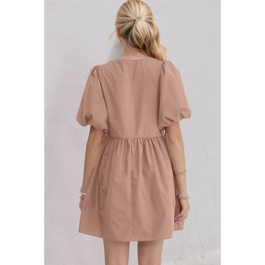 Oh Bow Ruched Puff Sleeve Mini Dress Apparel and Accessories