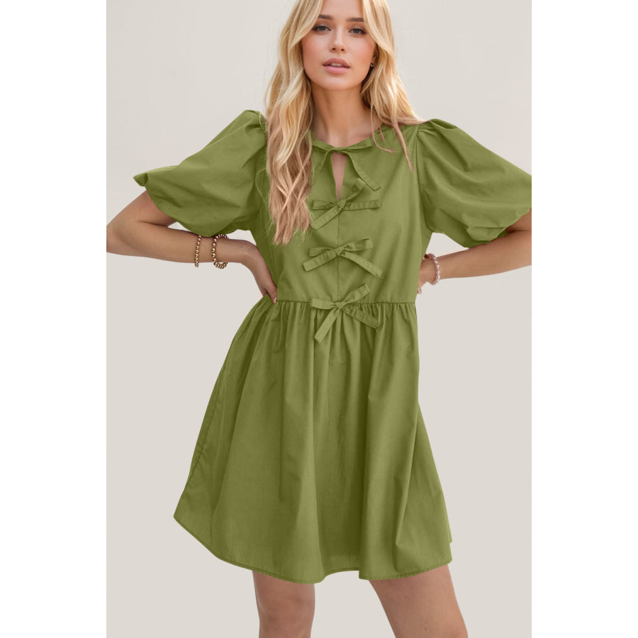 Oh Bow Ruched Puff Sleeve Mini Dress Apparel and Accessories