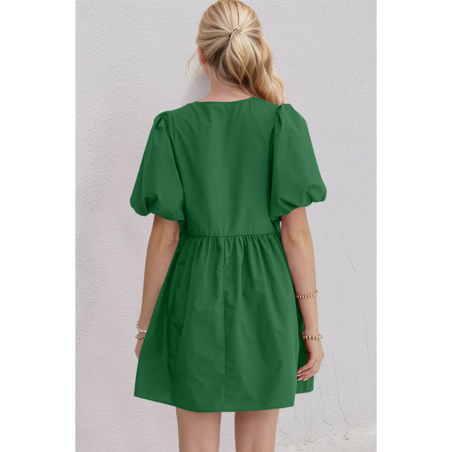 Oh Bow Ruched Puff Sleeve Mini Dress Apparel and Accessories