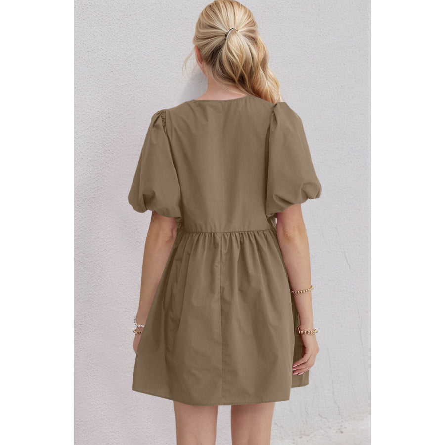 Oh Bow Ruched Puff Sleeve Mini Dress Apparel and Accessories
