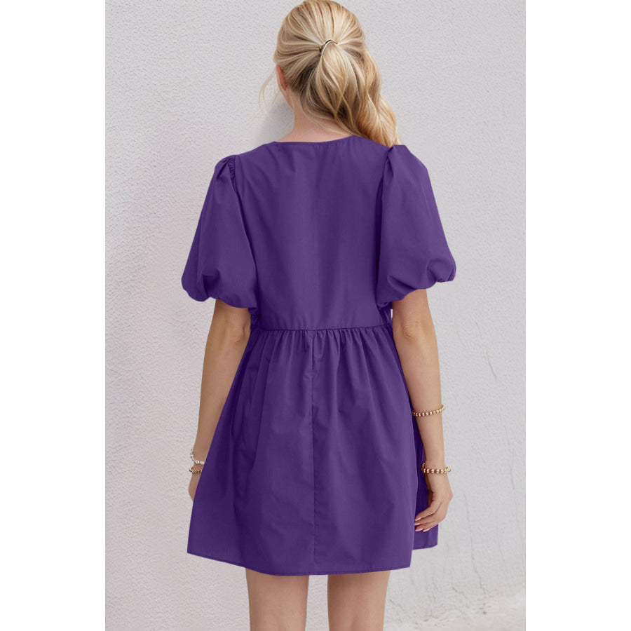 Oh Bow Ruched Puff Sleeve Mini Dress Apparel and Accessories