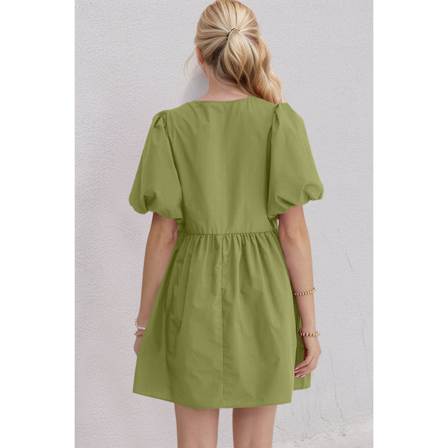 Oh Bow Ruched Puff Sleeve Mini Dress Apparel and Accessories