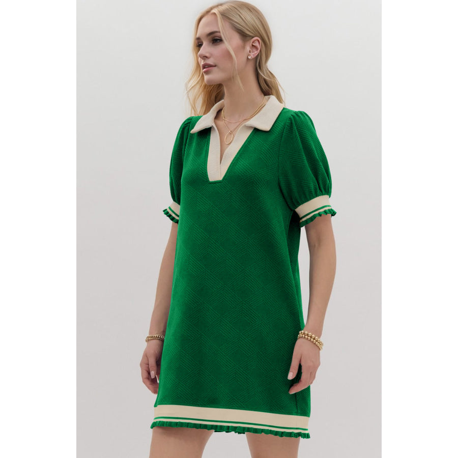 Oh Frill Contrast Trim Johnny Collar Short Sleeve Mini Dress Apparel and Accessories