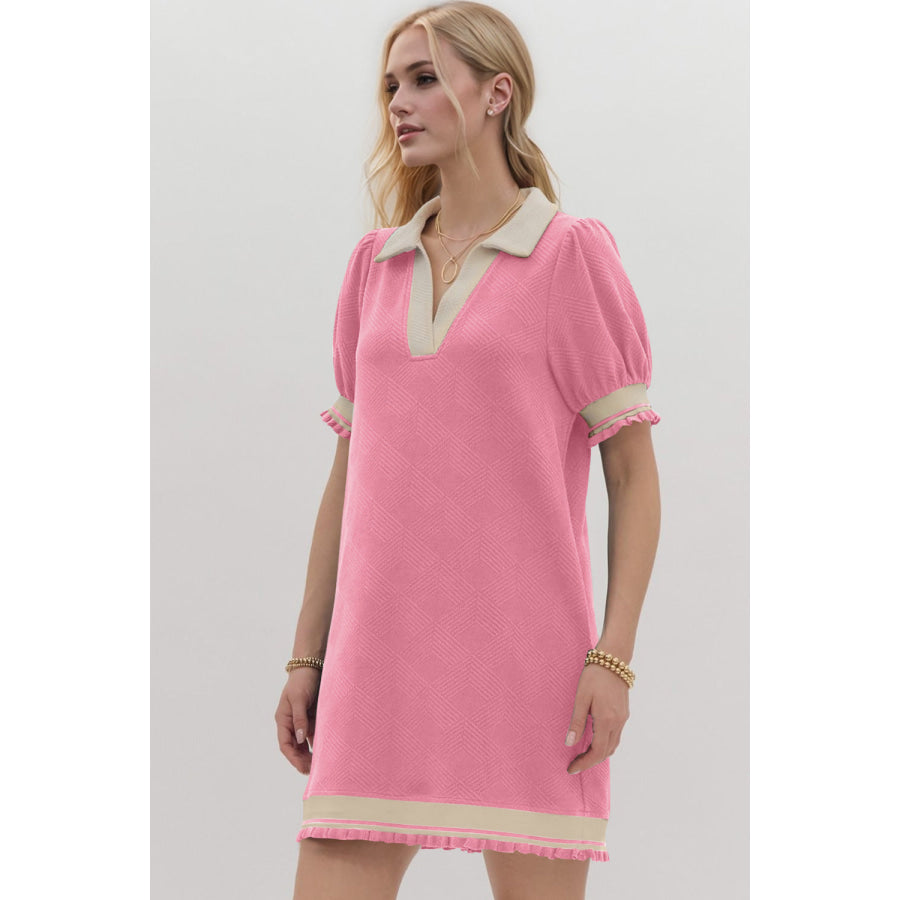 Oh Frill Contrast Trim Johnny Collar Short Sleeve Mini Dress Apparel and Accessories