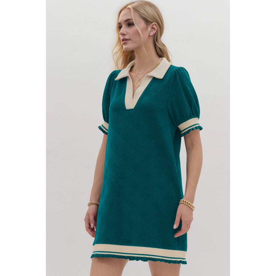 Oh Frill Contrast Trim Johnny Collar Short Sleeve Mini Dress Apparel and Accessories