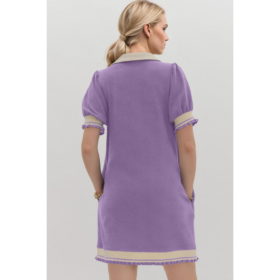 Oh Frill Contrast Trim Johnny Collar Short Sleeve Mini Dress Apparel and Accessories