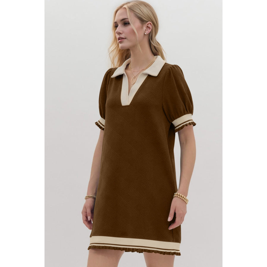 Oh Frill Contrast Trim Johnny Collar Short Sleeve Mini Dress Apparel and Accessories