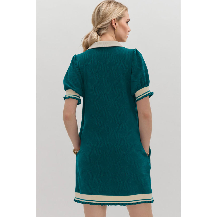 Oh Frill Contrast Trim Johnny Collar Short Sleeve Mini Dress Apparel and Accessories