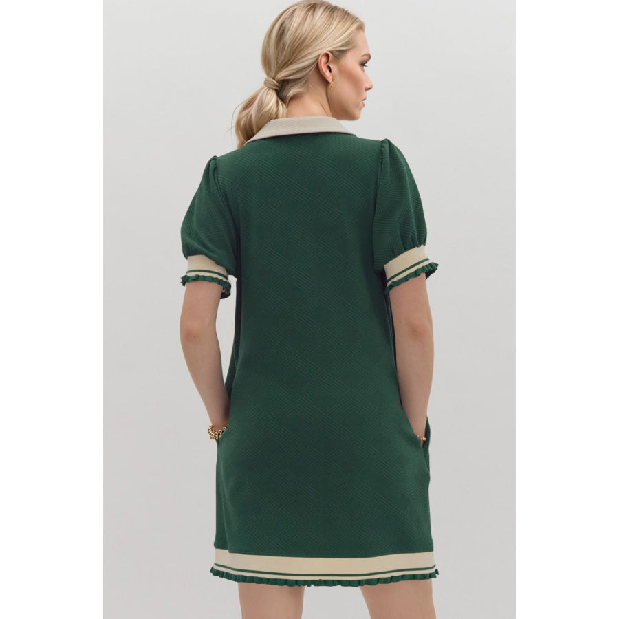 Oh Frill Contrast Trim Johnny Collar Short Sleeve Mini Dress Apparel and Accessories
