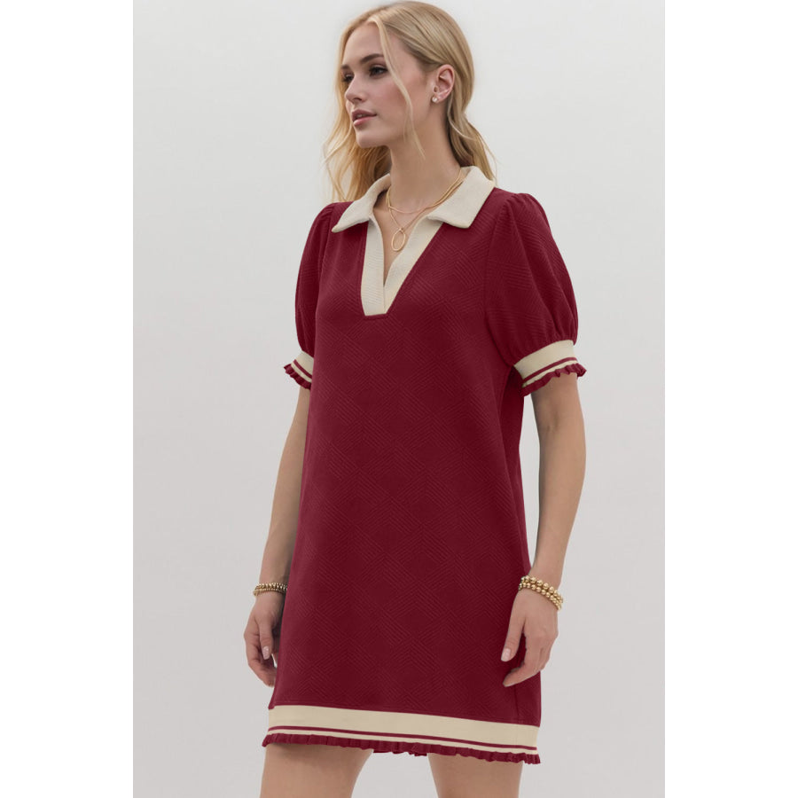 Oh Frill Contrast Trim Johnny Collar Short Sleeve Mini Dress Apparel and Accessories