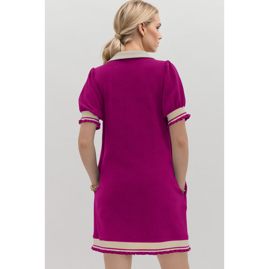 Oh Frill Contrast Trim Johnny Collar Short Sleeve Mini Dress Apparel and Accessories