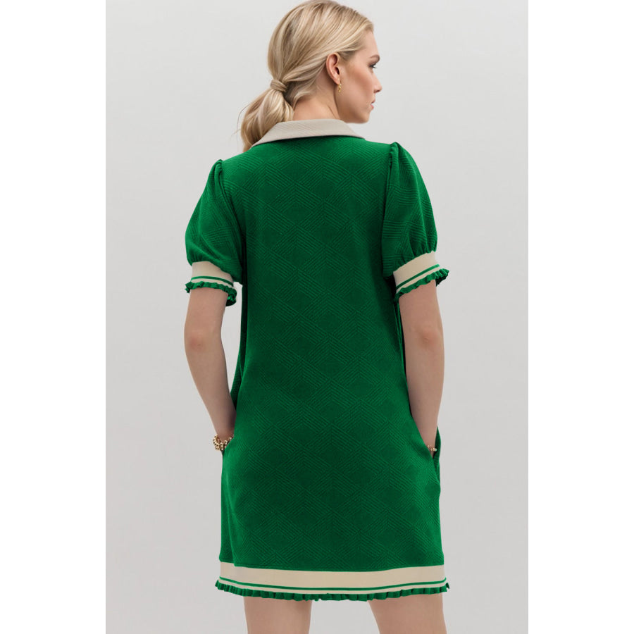 Oh Frill Contrast Trim Johnny Collar Short Sleeve Mini Dress Apparel and Accessories