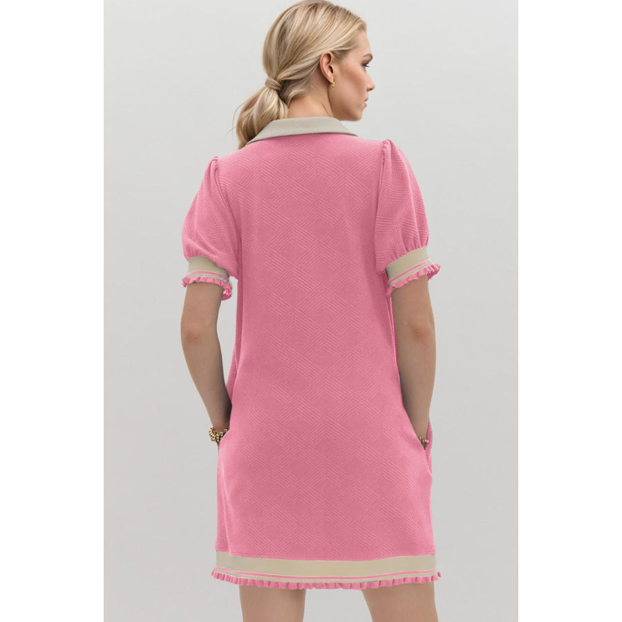 Oh Frill Contrast Trim Johnny Collar Short Sleeve Mini Dress Apparel and Accessories