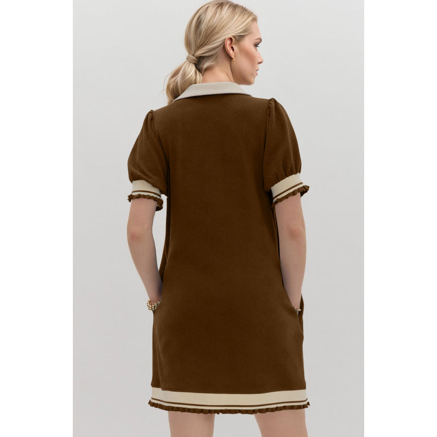 Oh Frill Contrast Trim Johnny Collar Short Sleeve Mini Dress Apparel and Accessories
