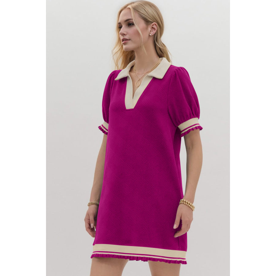 Oh Frill Contrast Trim Johnny Collar Short Sleeve Mini Dress Apparel and Accessories