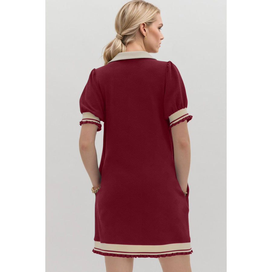 Oh Frill Contrast Trim Johnny Collar Short Sleeve Mini Dress Apparel and Accessories