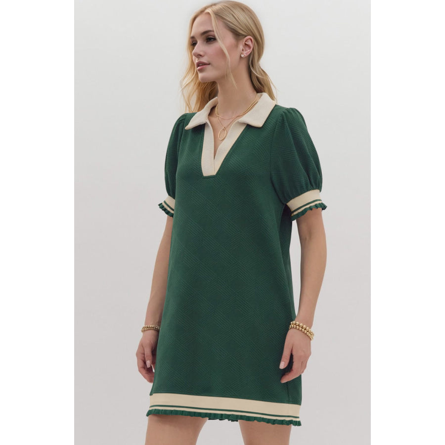 Oh Frill Contrast Trim Johnny Collar Short Sleeve Mini Dress Apparel and Accessories