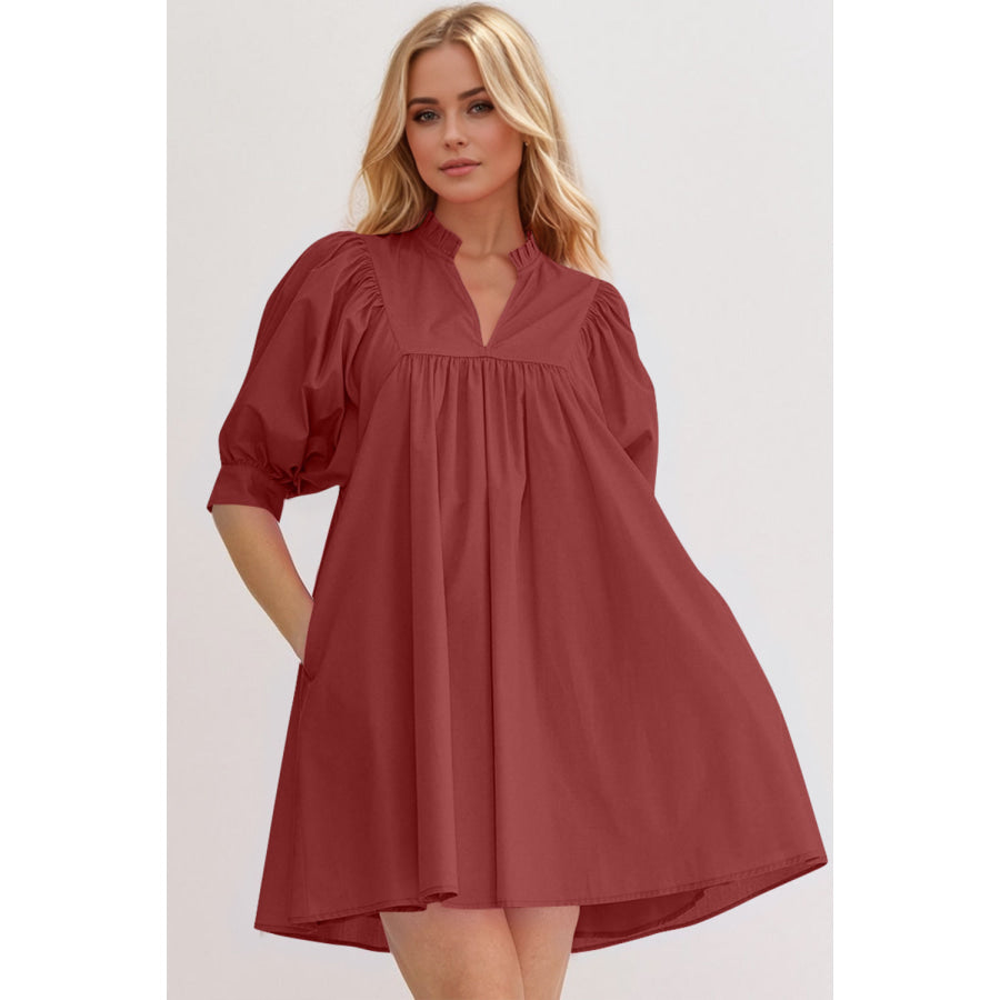 Oh Frill Notched Puff Sleeve Babydoll Mini Dress Apparel and Accessories