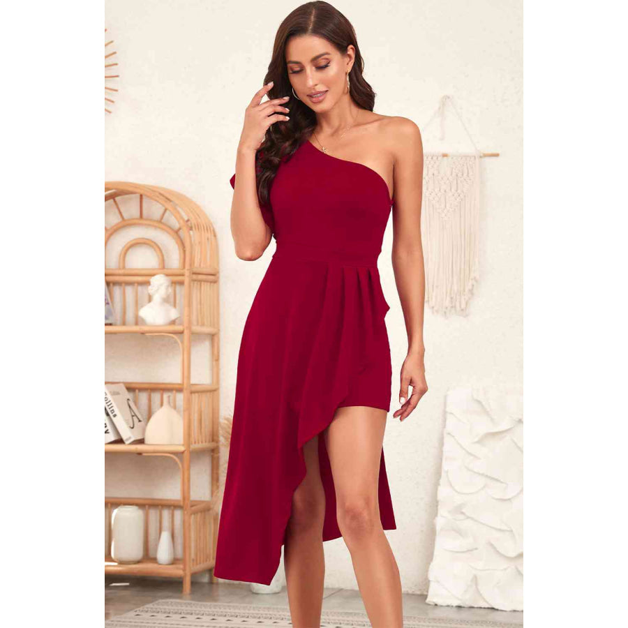 One-Shoulder Flutter Sleeve Asymmetrical Dress