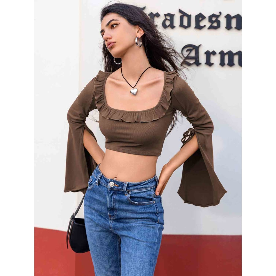 Open Bell Sleeve Square Neck Crop Top Camel / S