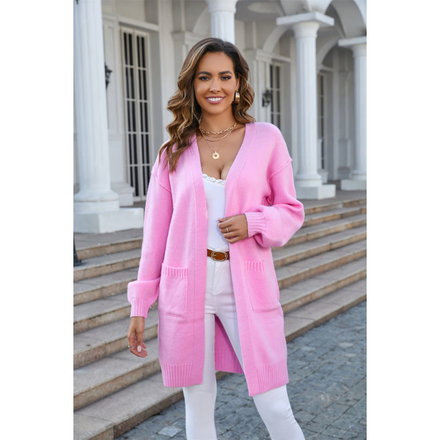 Open Front Dropped Shoulder Cardigan with Pocket Carnation Pink / S