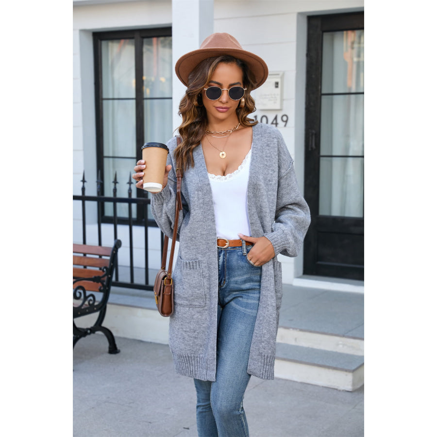 Open Front Dropped Shoulder Cardigan with Pocket Charcoal / S
