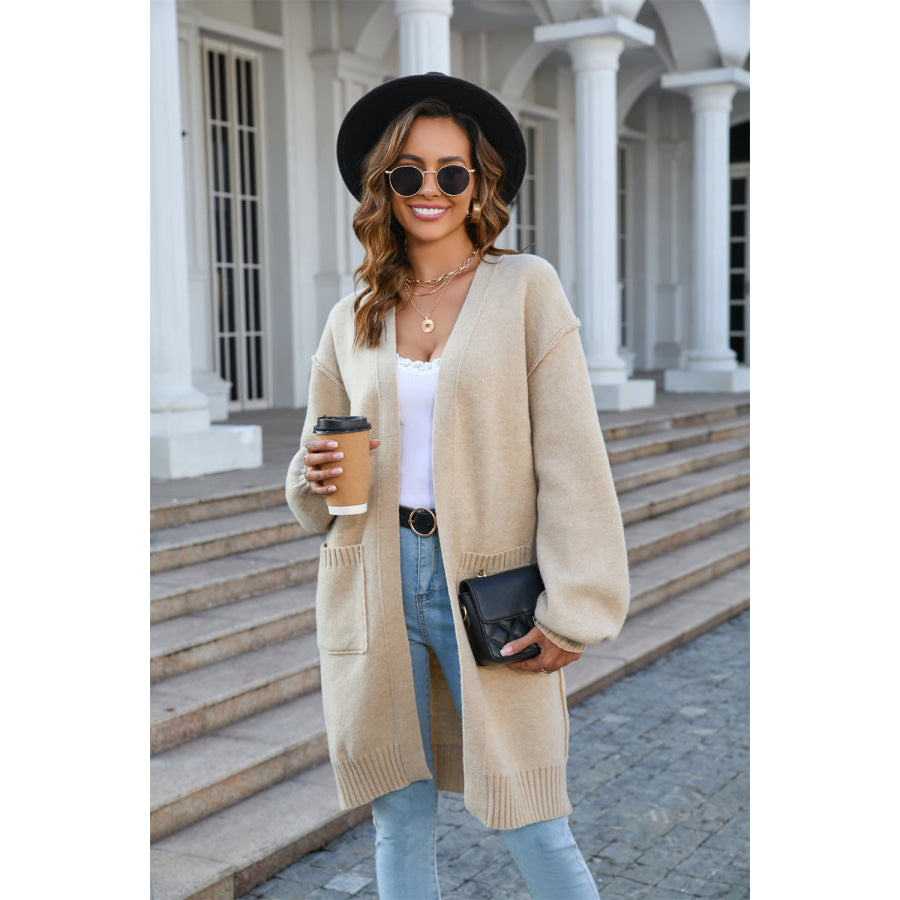 Open Front Dropped Shoulder Cardigan with Pocket