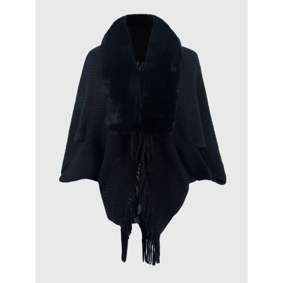 Open Front Fringe Hem Poncho Black / One Size